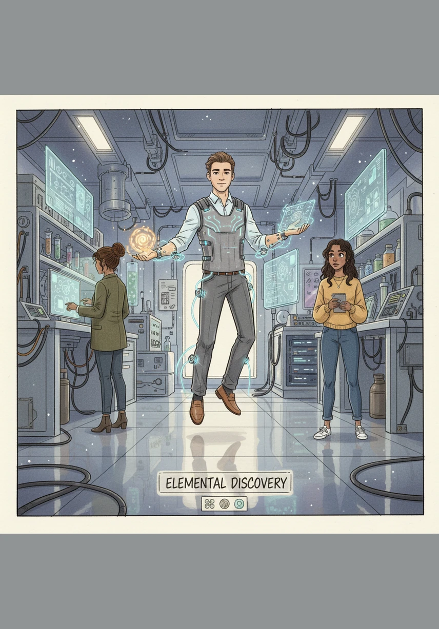 Leo floats gently in a high-tech laboratory, demonstrating how a giant planet pulls a small moon into its orbit. Glowing lines of energy illustrate the invisible force of gravity that shapes the universe and connects all things.