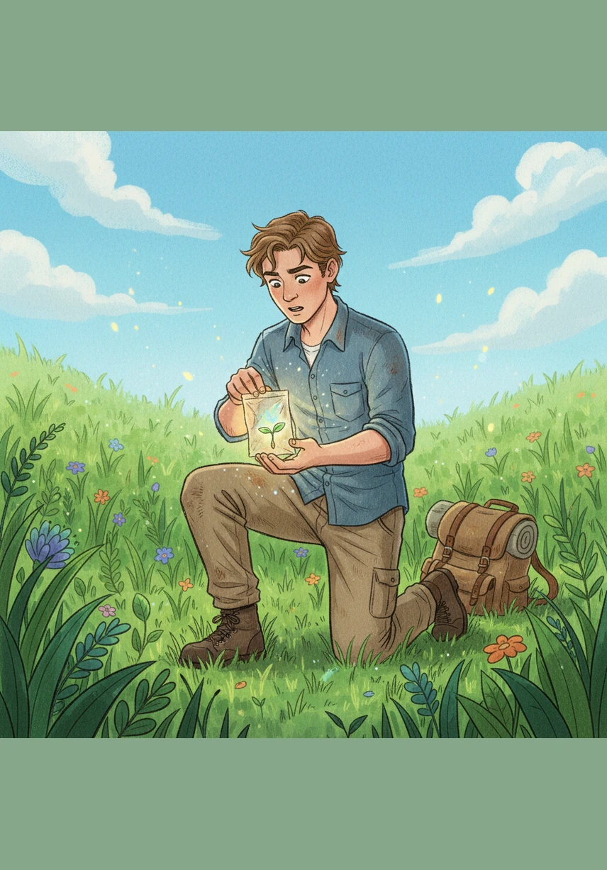 Standing in a lush green field, Leo gestures toward sleek, artistic wind turbines and shimmering solar panels. He holds a glowing orb of light that represents sustainable energy, showing how science can create a cleaner future for our planet.