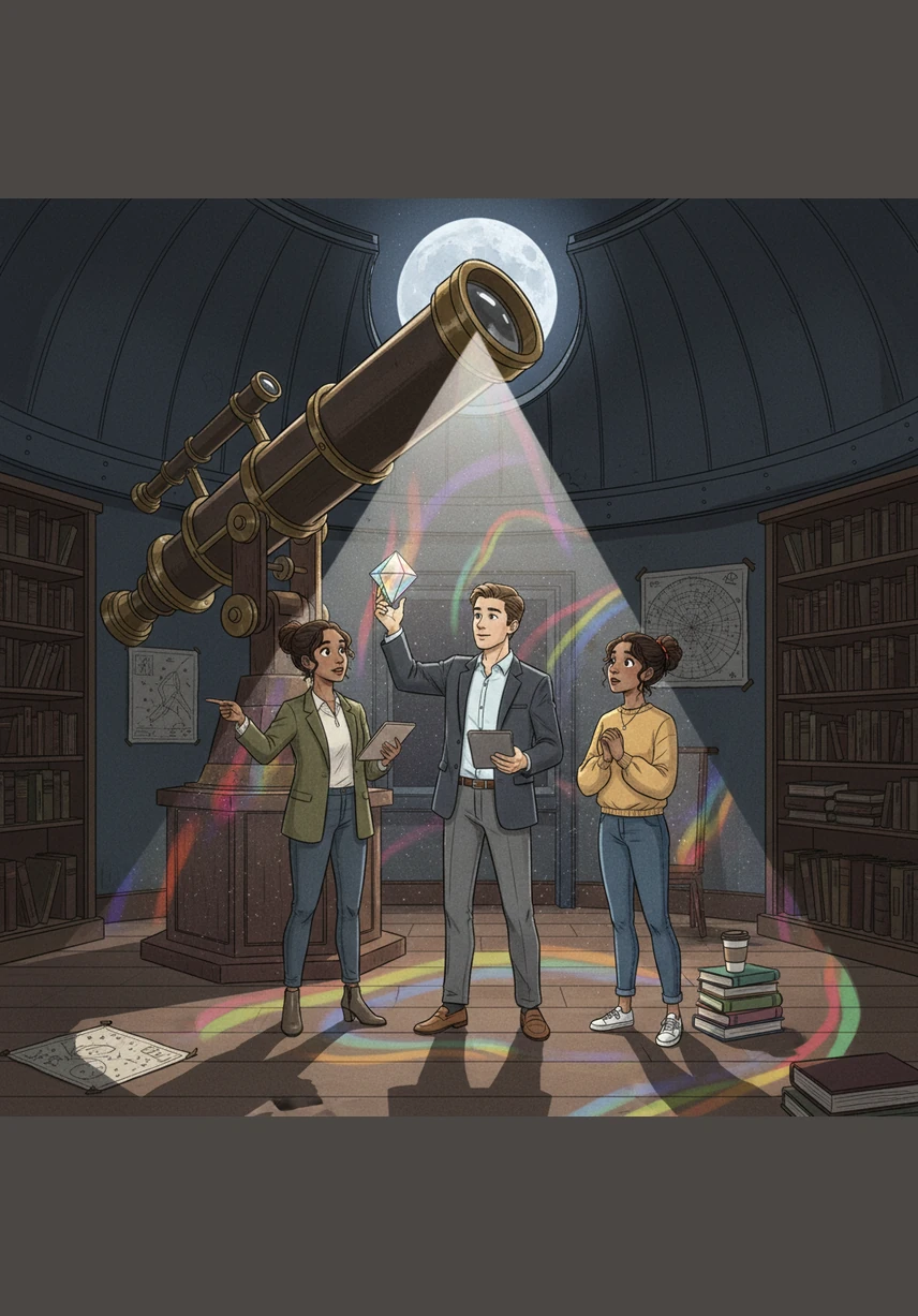 In a dark observatory, Leo uses a crystal prism to split a beam of white light into a vibrant, flowing rainbow. He points toward the distant stars, explaining how understanding light allows us to see and explore the furthest reaches of the cosmos.