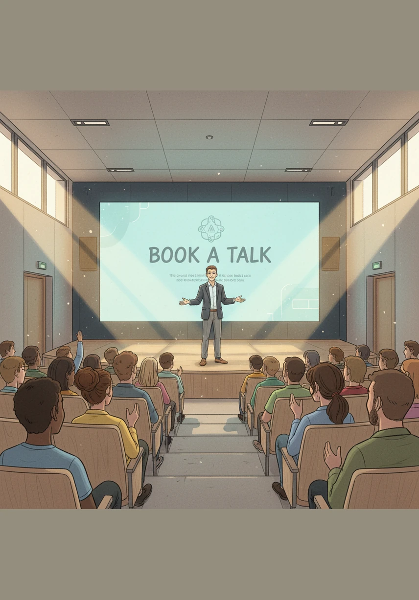 Leo stands on a modern stage in a sunlit amphitheater, giving an animated presentation to an eager audience. A large digital screen behind him shows an invitation to Book a Talk, and the room is filled with the energy of shared discovery.