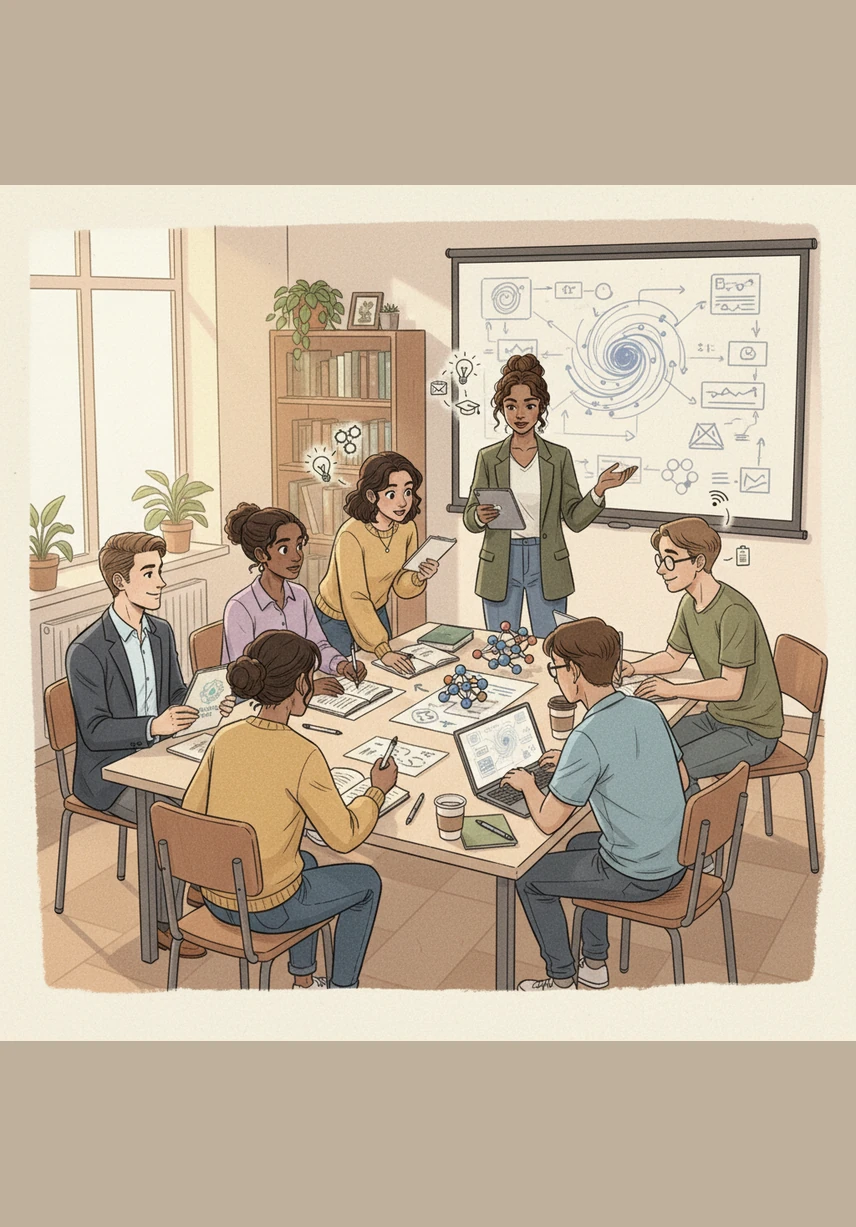 A group of students gathers around a holographic table to build a model of a sustainable city. Leo walks among them, offering a helping hand and encouraging their creative ideas in this hands-on learning environment.