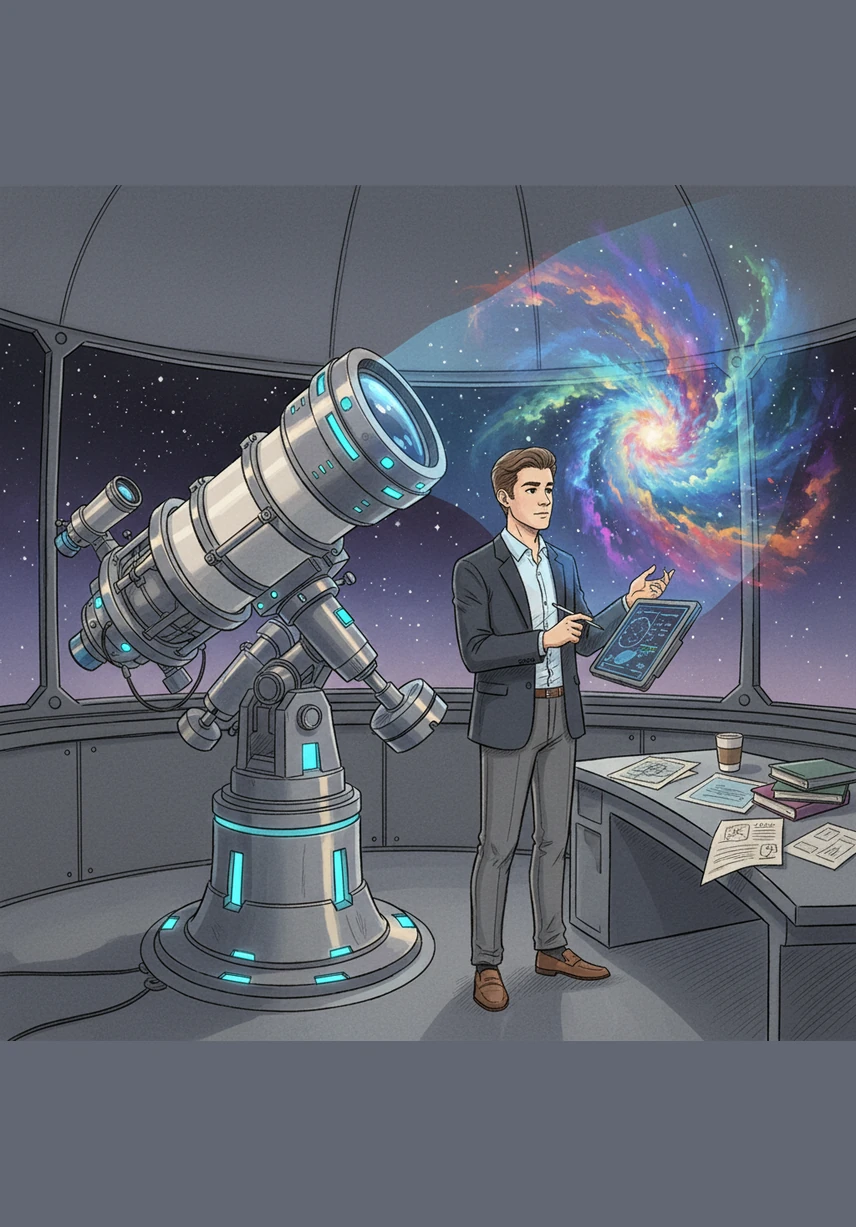 Leo looks through a massive, futuristic telescope that projects a stunning, colorful nebula onto the walls of the room. He is busy writing a blog post about the mysteries of deep space, inspiring readers to look up at the night sky with wonder.