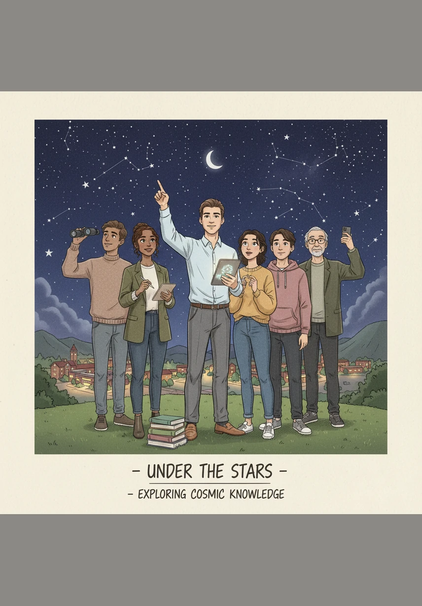 Leo and a diverse group of friends stand together under a vast, starry sky, their digital devices glowing with the Elemental Talks network. They look forward with smiles, ready to explore the endless wonders of science as one united community.