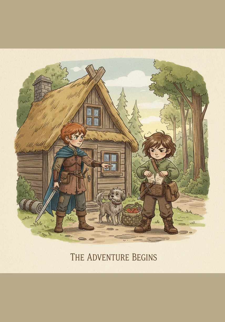 Anika and Benjamin stood outside their small wooden cottage, tucking maps and bread into their sturdy leather satchels. The morning air was crisp, and the horizon glowed with the promise of a grand adventure into the unknown.