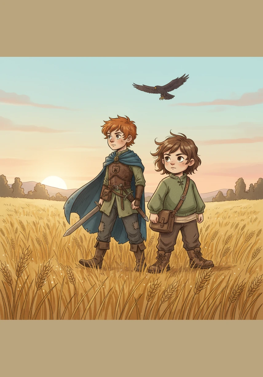 Their boots crunched on the dew-covered grass as they marched through a vast meadow of swaying golden wheat. High above, a hawk circled in the bright blue sky, watching the two small travelers begin their long trek.