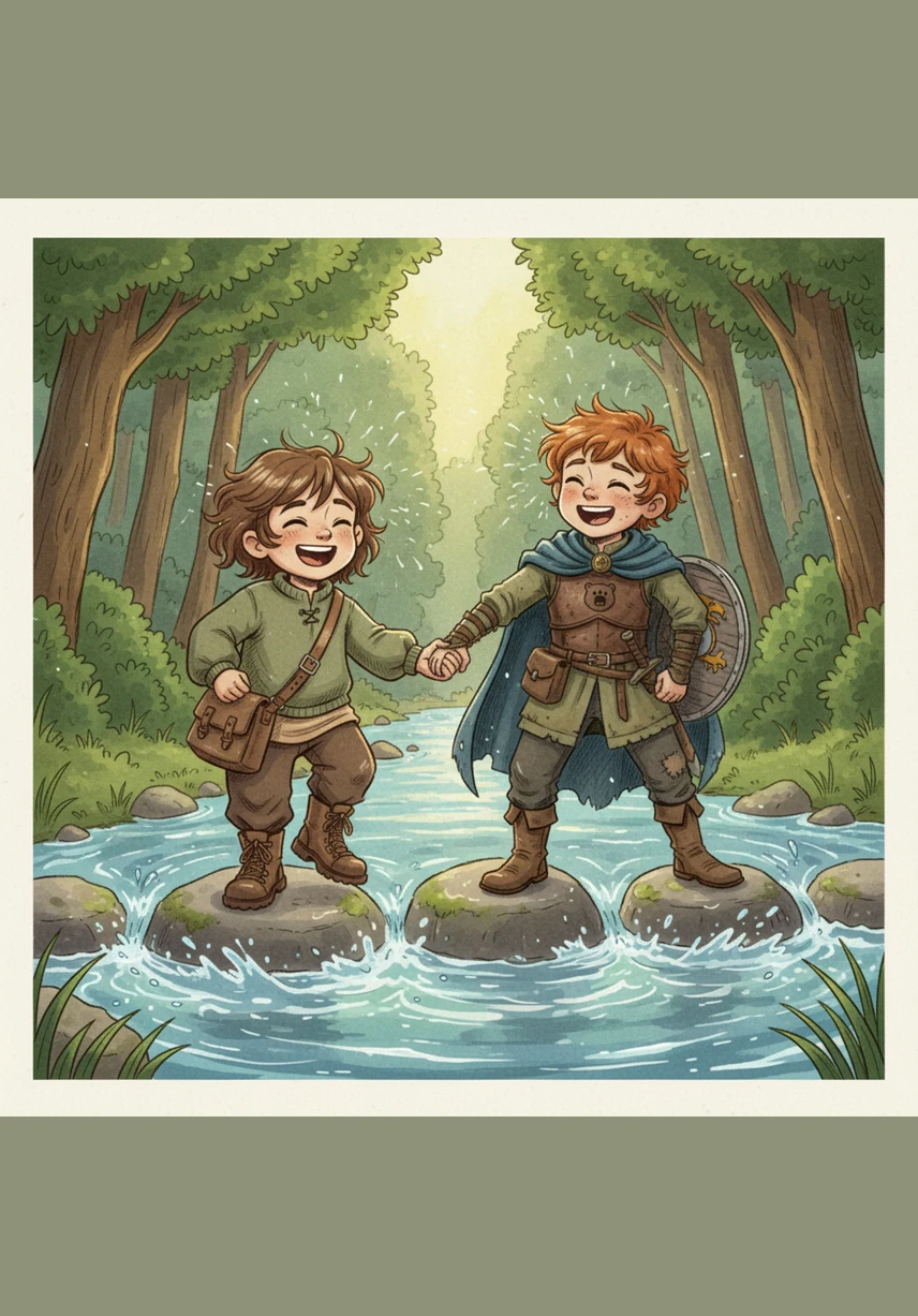 A rushing river blocked their way, its clear waters swirling around smooth, grey stepping stones. Hand in hand, they carefully balanced their way across, laughing as the cold spray tickled their faces.