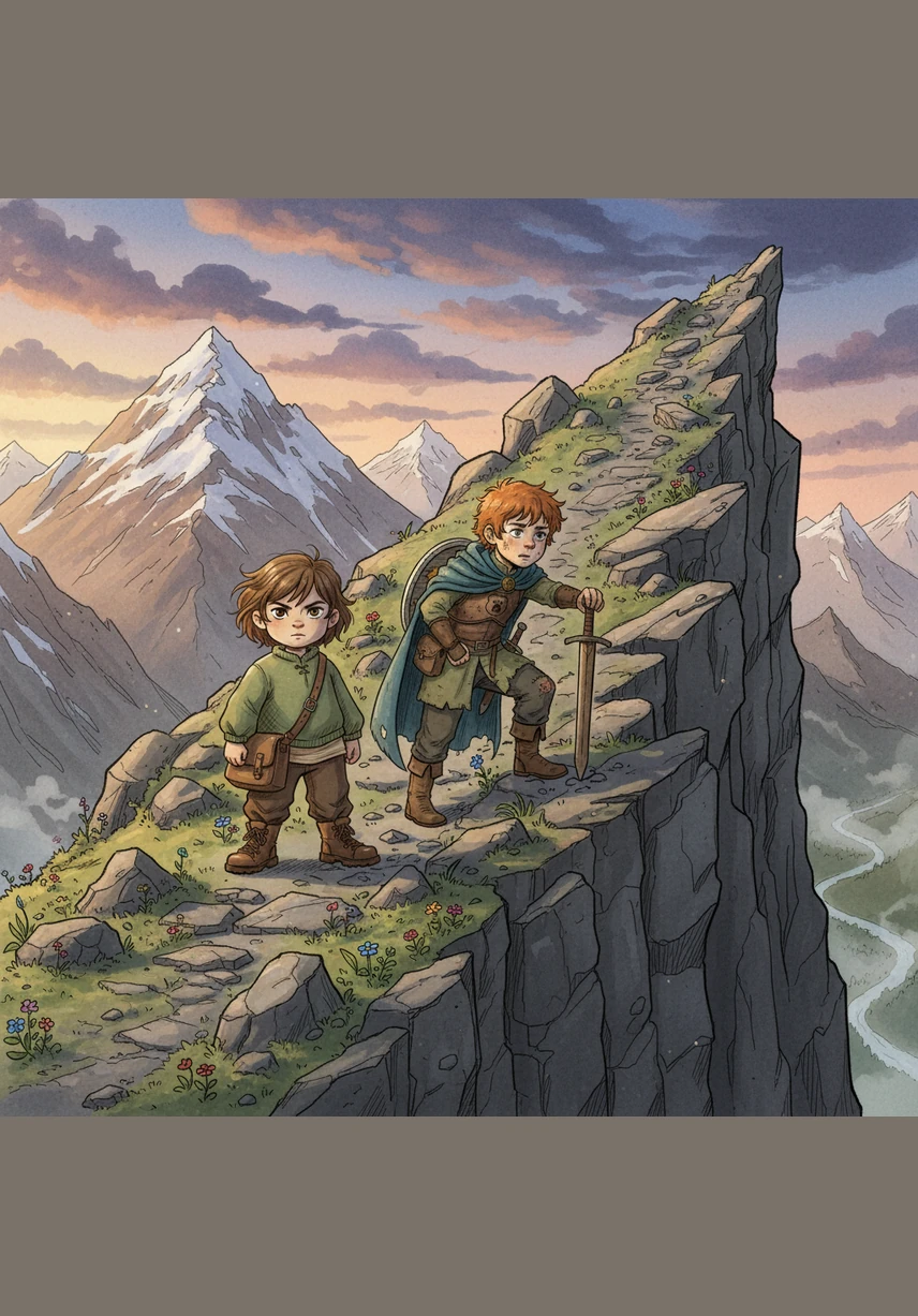 As the day turned to afternoon, the trail steepened into a rocky mountain pass surrounded by jagged peaks. They paused to catch their breath, looking back at how far they had come from the tiny valley below.