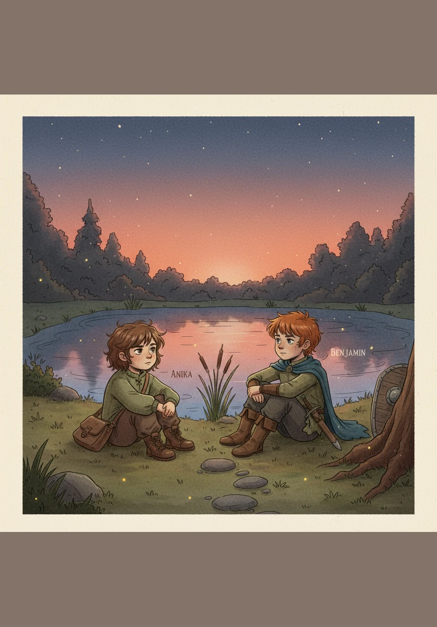 As twilight fell, they built a small, crackling campfire near a peaceful pond and shared their simple meal. Under a blanket of shimmering stars, they whispered stories of the wonders they had seen throughout the day.