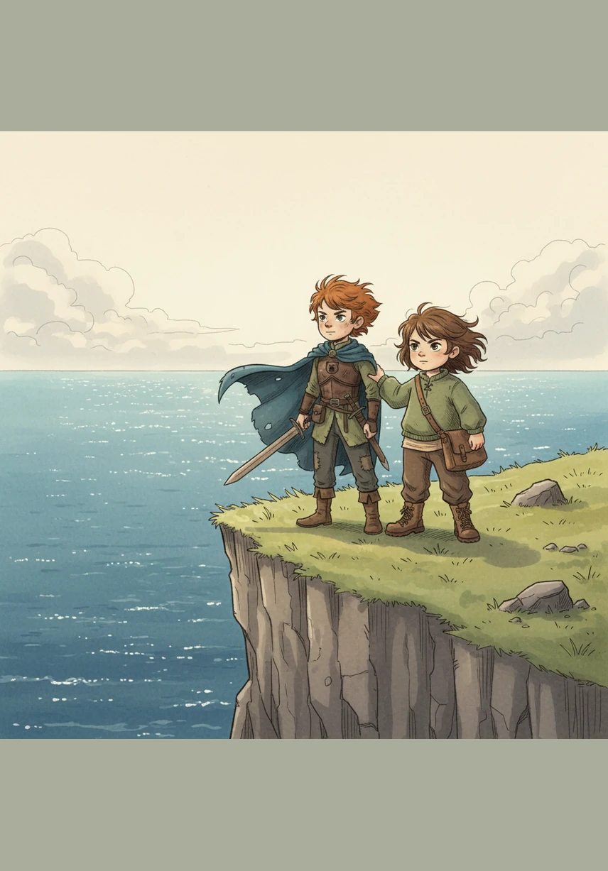 At last, they reached the edge of a high coastal cliff, where the vast, sparkling ocean stretched out to meet the sky. With hearts full of courage, Anika and Benjamin looked toward the horizon, knowing their journey was only the beginning.