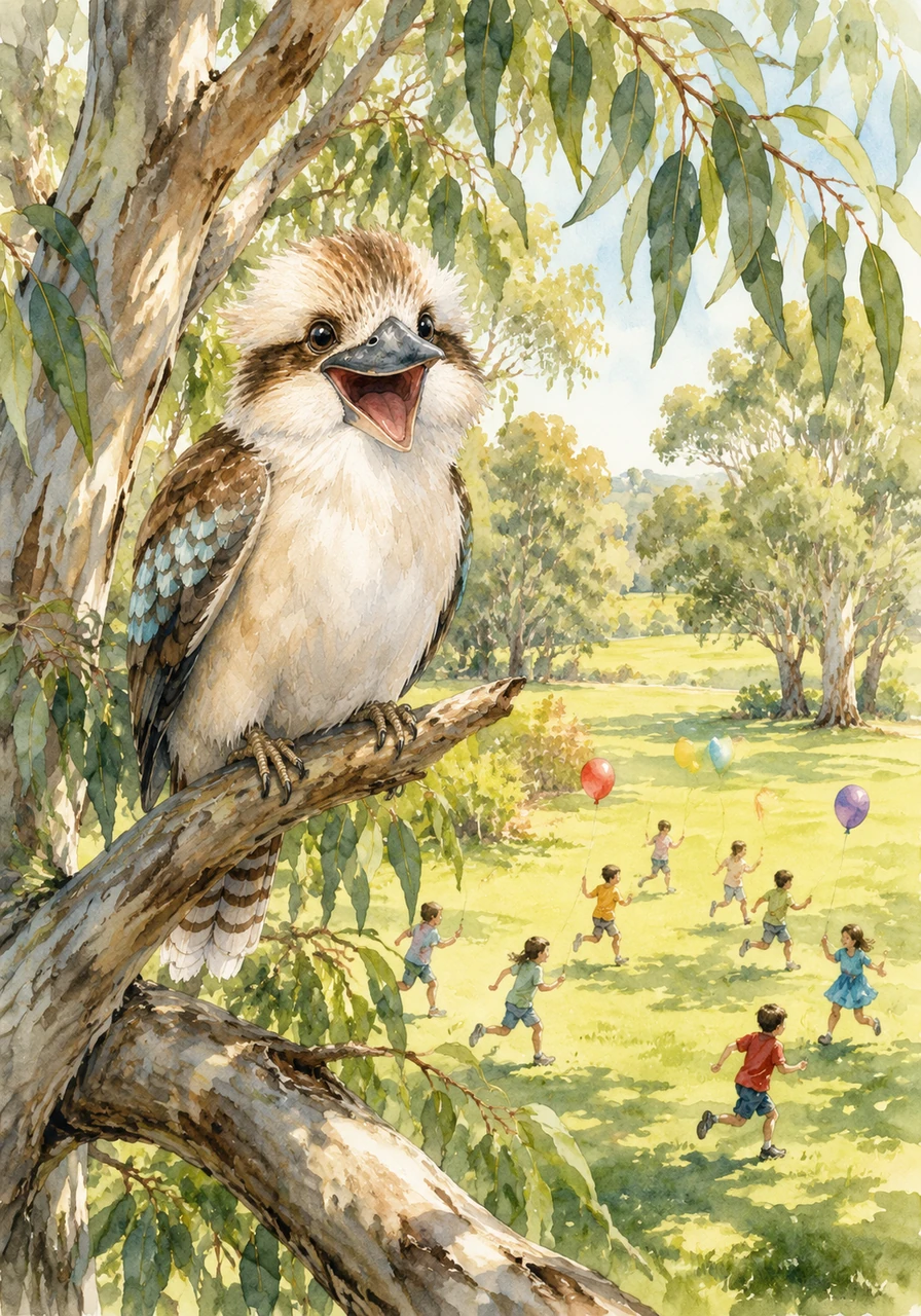 High up in the branches of a grand, ancient eucalyptus tree, a cheerful kookaburra named Kooka sat watching the sunlit park. Below him, children chased balloons and played tag, their bright laughter echoing through the green leaves. Kooka ruffled his feathers contentedly, enjoying the warm breeze and the happy sounds of the afternoon.