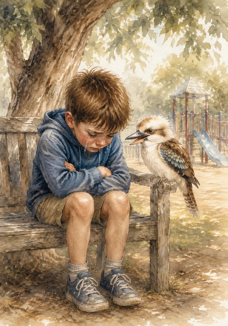 As Kooka scanned the playground, his eyes fell upon a little boy sitting alone on a wooden bench beneath the tree. The boy's shoulders were hunched, and small tears were beginning to roll down his cheeks. Sensing the child's deep sadness, Kooka swooped down quietly from his high branch and perched gently on the armrest right next to him.