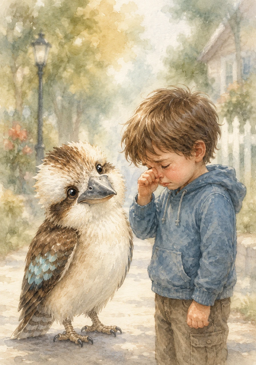 Kooka tilted his head, looking at the boy with soft, curious eyes, and asked gently what was wrong. The boy wiped a tear away and sniffled, explaining that he had lost his glasses and couldn't find them anywhere. The world around them looked blurry and overwhelming to him without them.