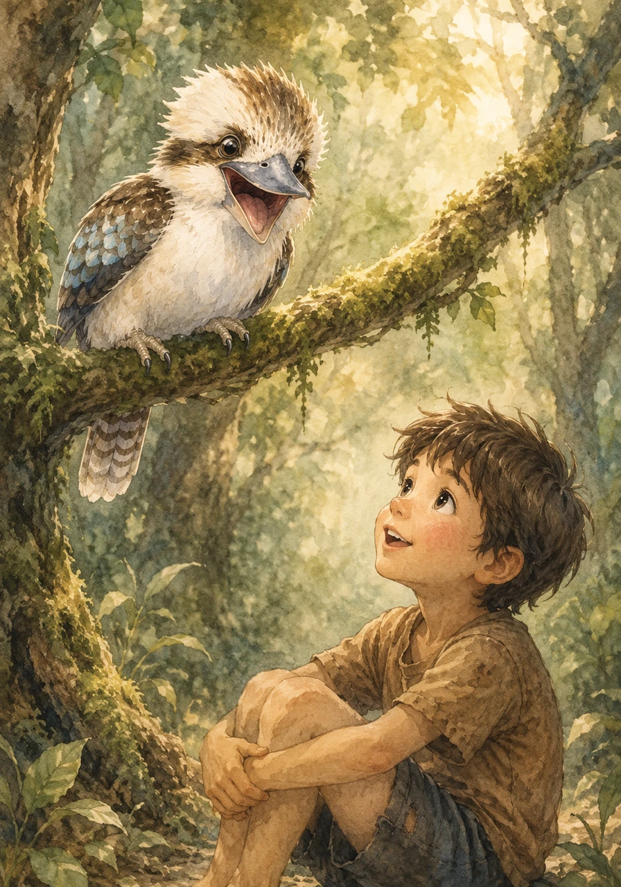 Smiling warmly, Kooka offered a comforting thought, telling the boy that while losing things is hard, many things can be found again if we think really hard. He introduced himself as Kooka and promised to help the boy search for them. The boy looked up, feeling a tiny glimmer of hope at the bird's friendly words.