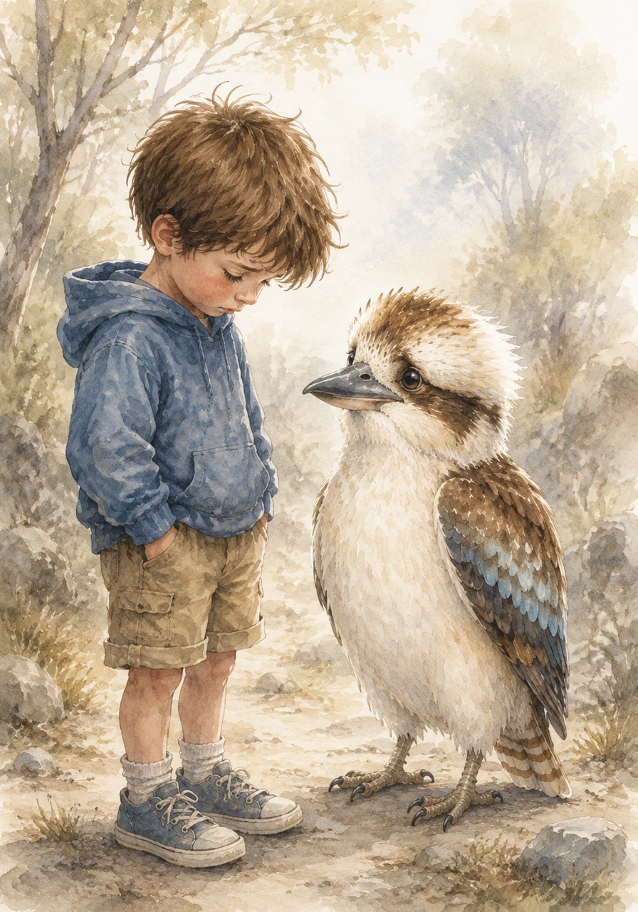 The boy's smile faded slightly as he looked down at his shoes, whispering that some things we lose are gone forever. Kooka nodded understandingly, his expression turning soft and serious. He acknowledged that the boy was right, and that some losses in life truly are permanent.