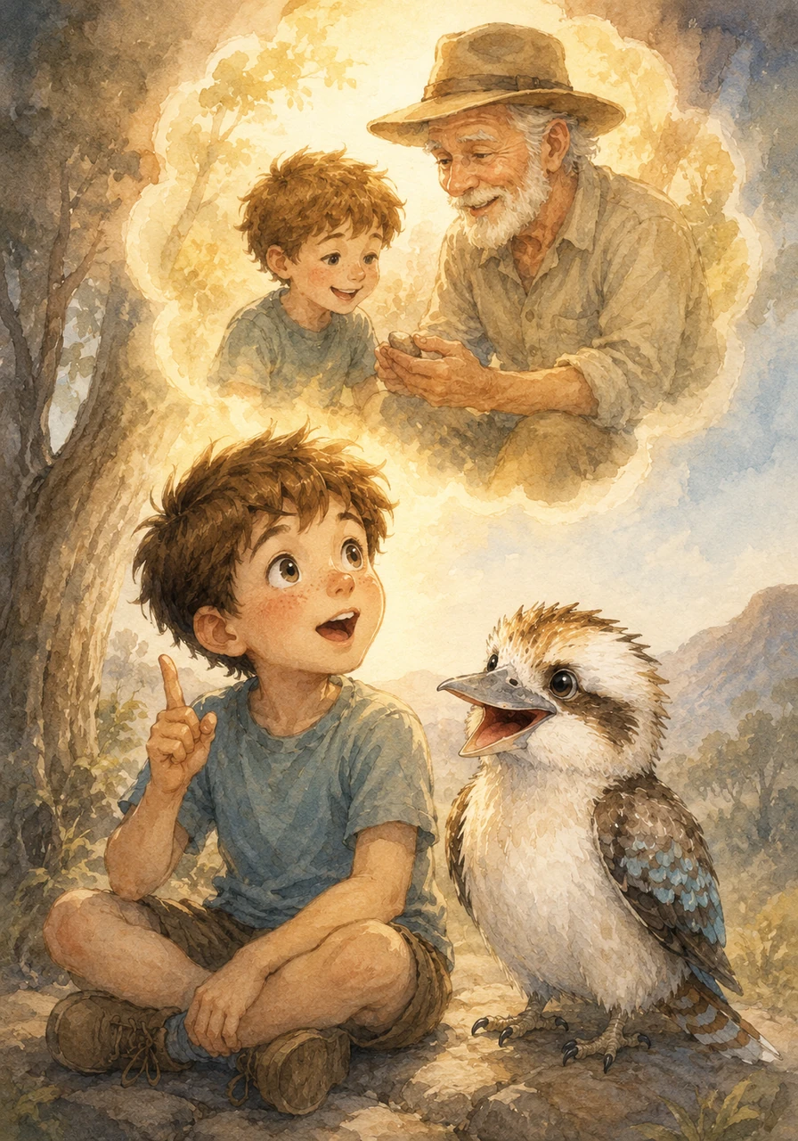 The boy sat quietly for a long moment, letting Kooka's wise words sink in as he thought about his grandfather. Suddenly, a bright memory flashed in his mind of the time he lost his baby tooth, and how his Pop had carefully wrapped it up and tucked it safely into his pocket. The memory brought a sudden burst of realization to the boy's face.