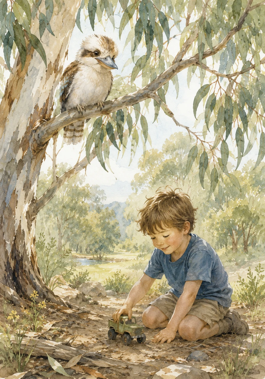 Delighted by the boy's happiness, Kooka gave a cheerful nod, said a warm goodbye, and flew back up into the high branches of his favorite gum tree. Looking down at the happy child playing once more, Kooka thought of all the special friends he kept safe in his own heart, filling him with a sense of peace.