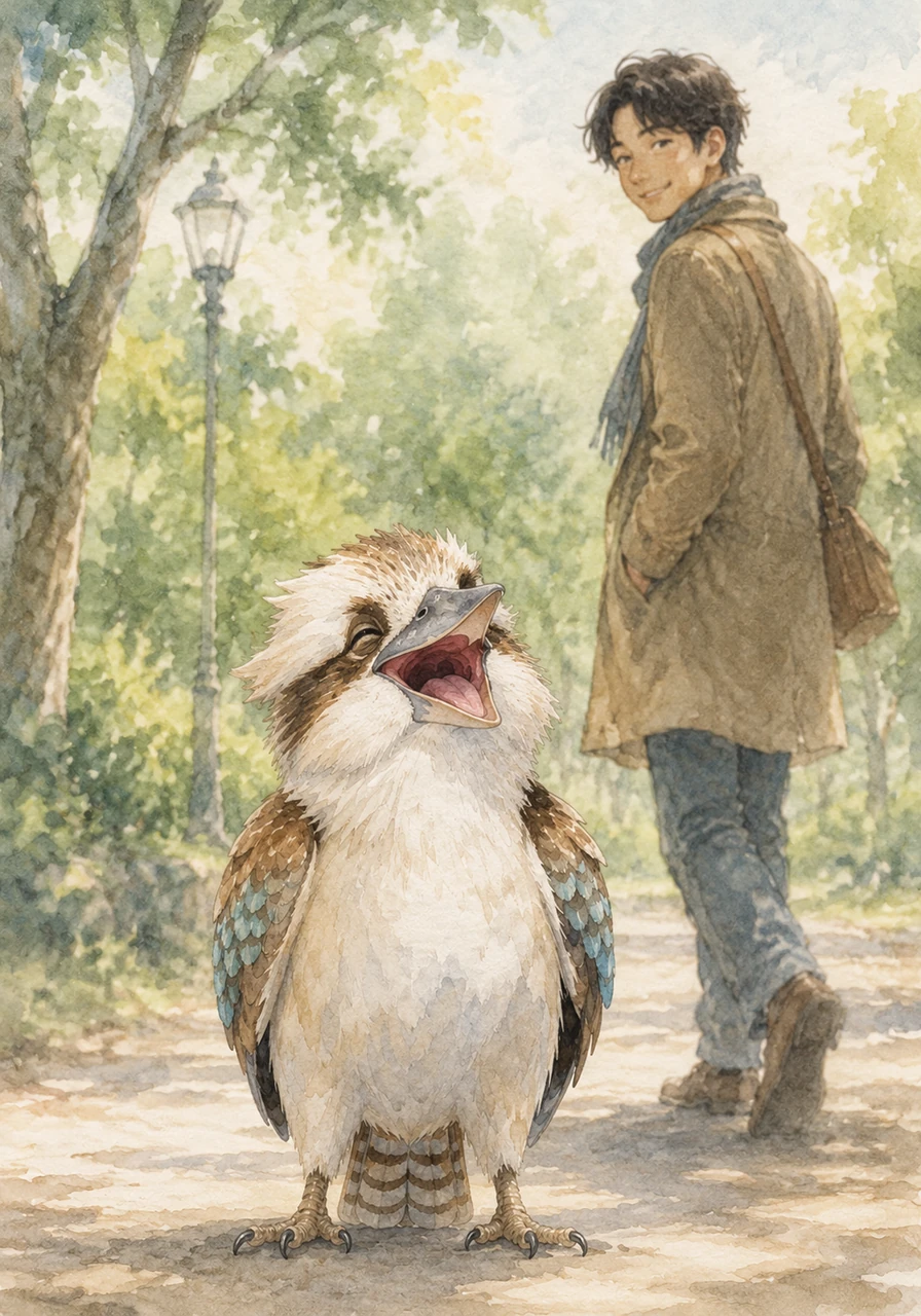 Kooka threw back his head and let out his famous, booming, joyous laugh that echoed all across the park. Nearby, a passerby heard the wonderful sound, paused, and smiled warmly as the laugh reminded them of a dear old friend they had lost, who now lived happily in their memories forever.