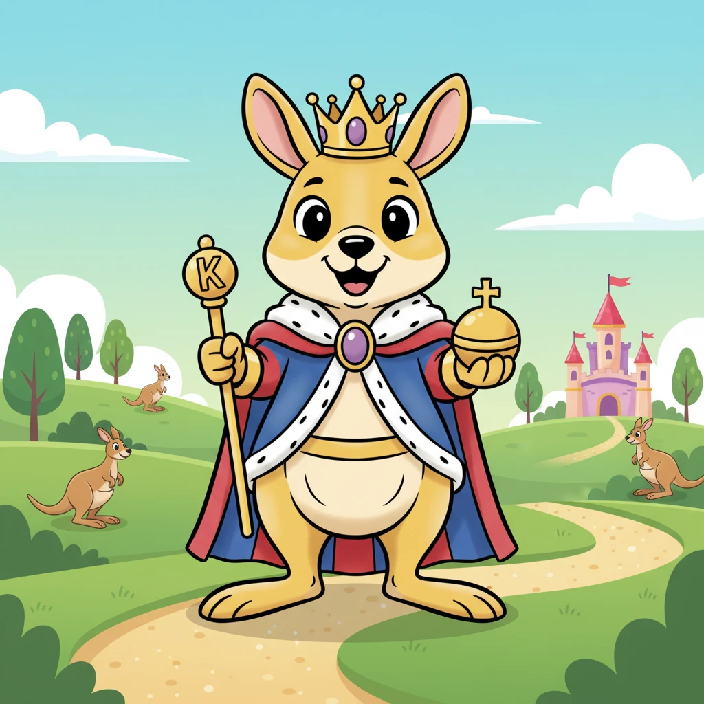 King Koby Kangaroo stands tall and proud. He wears a sparkly crown and a royal cape. He is the kind and funny King of Kanga-Land! Everyone loves King Koby.