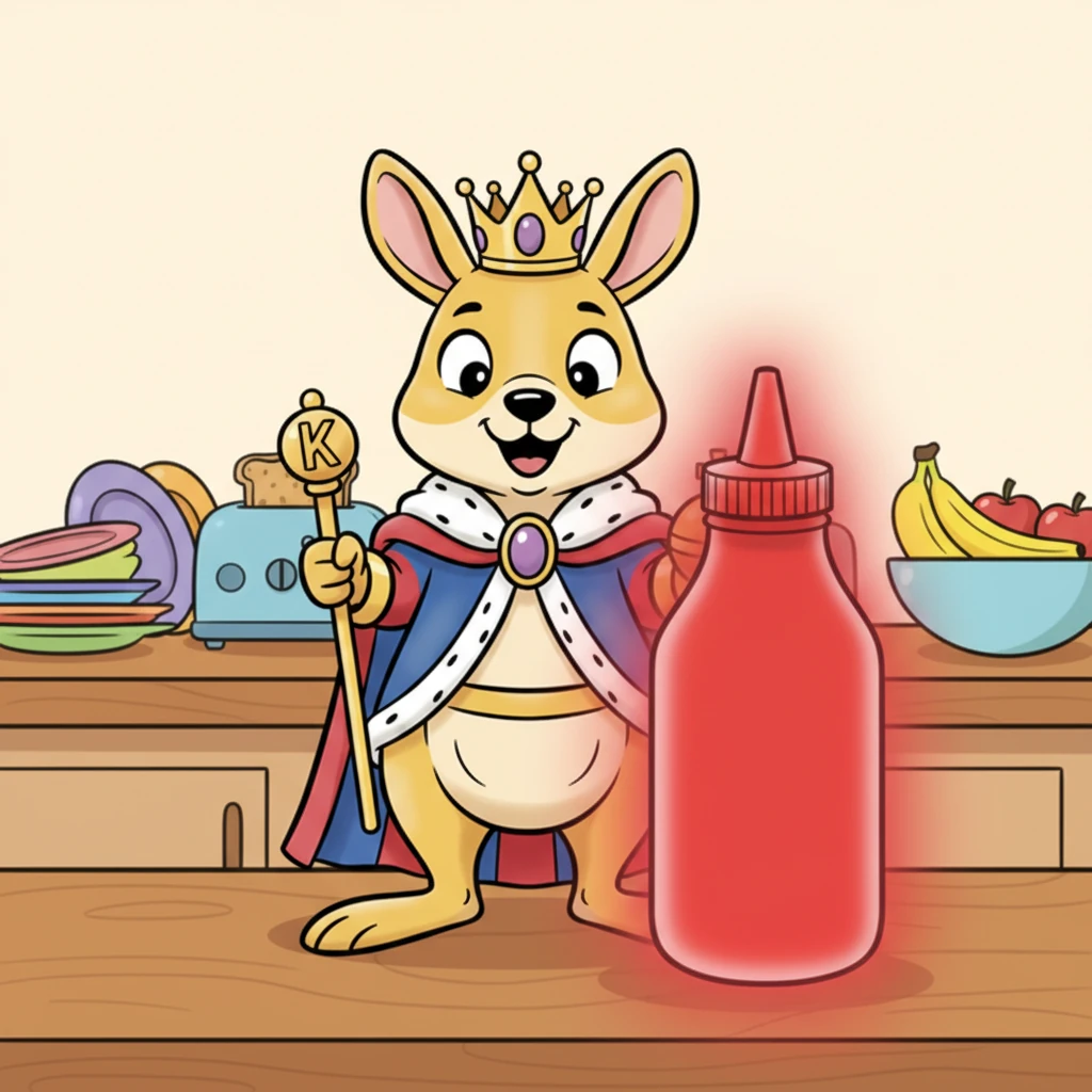 On the counter, King Koby spots a big, bright bottle. It's glowing red ketchup! Yum, yum! he thinks with a cheeky grin. He can't wait to add it to something tasty.