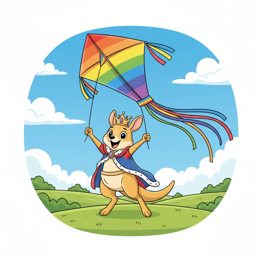 With a flourish, King Koby unfurls a giant, rainbow-colored kite. It has long, flowing tails that flutter in the imaginary breeze. This is his favorite toy, ready for flight.