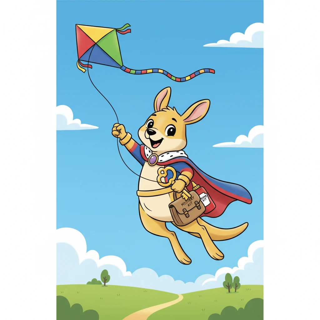 King Koby bounces outside, full of excitement. He carefully carries his special key, his mystery kit, and the yummy ketchup. Then, with a mighty leap, he launches his kite high into the sky! Up, up, up it soars, a splash of color against the blue.