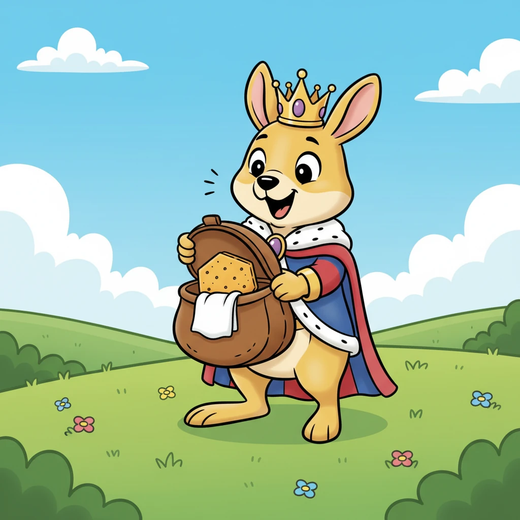 High on a grassy hill, King Koby carefully opens his kit. Inside, he finds a perfectly crunchy K-cracker and a tiny, clean napkin. A perfect snack for a king! he declares.