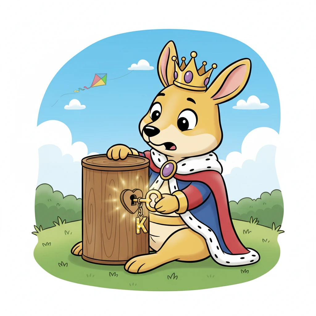 King Koby remembers his shiny key. He looks closely at his kite string winder, noticing a small, hidden lock. Click! The key turns, revealing a secret compartment with a tiny, sparkly K-shaped charm.