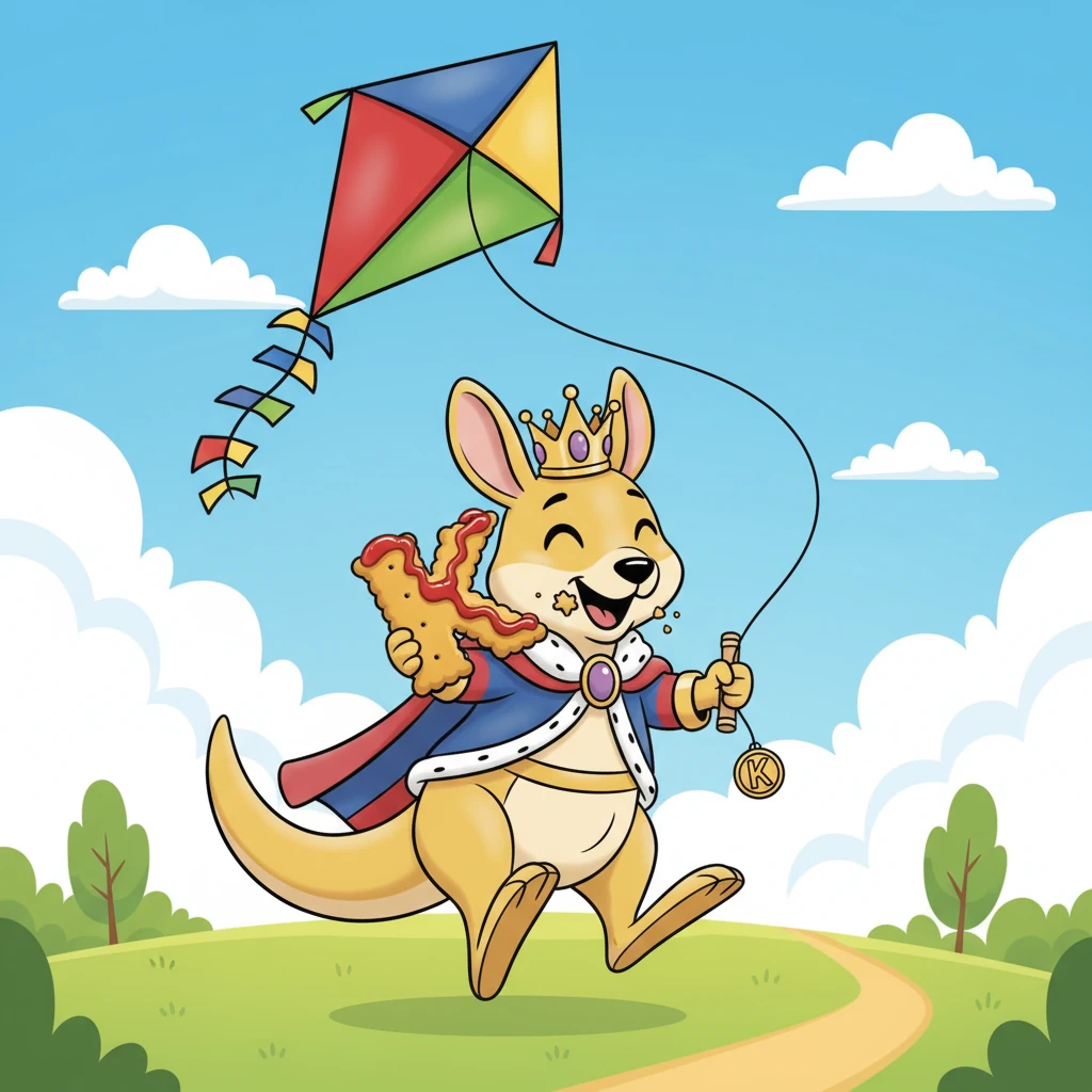 King Koby takes a happy bite of his K-cracker, now topped with a swirl of red ketchup. His colorful kite dances gracefully above him, and the K-charm gleams on his winder. What a wonderfully K-tastic day for King Koby Kangaroo!