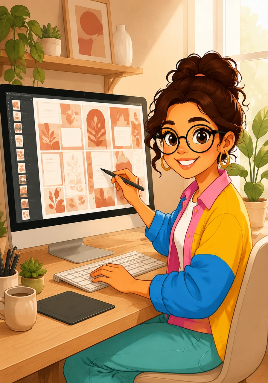 The first creation came to life: a stunning Instagram engagement set dressed in soft terracotta and cream tones, designed to help small businesses connect with their audience. Maya smiled as she meticulously organized the layers, ensuring every single font and graphic element was perfectly editable for her future users.
