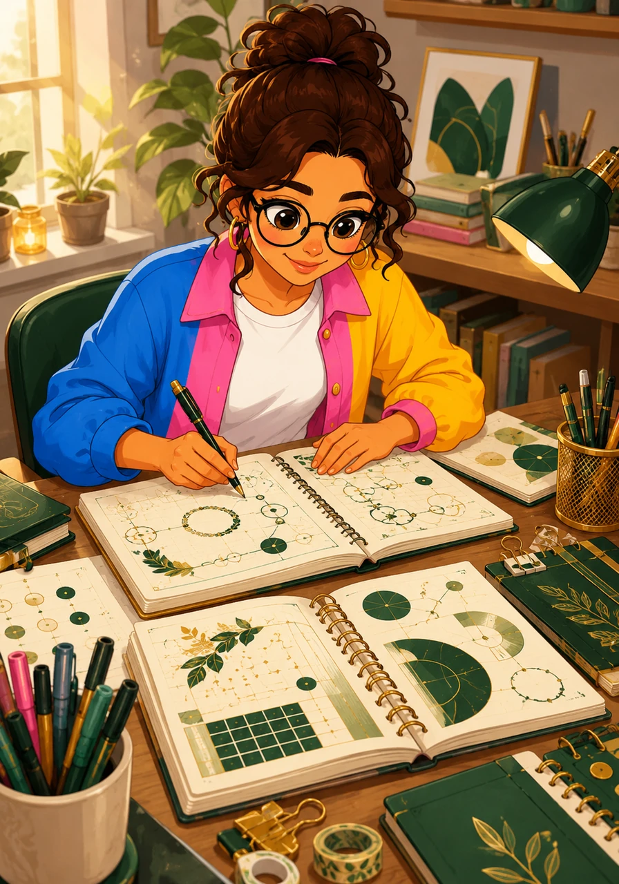 Next, she immersed herself in designing deep, structured wellness and budget planners that felt both functional and elegant. She chose grounding forest greens and muted gold accents, adding custom tracking charts and habit loops that made organization feel like an art form.