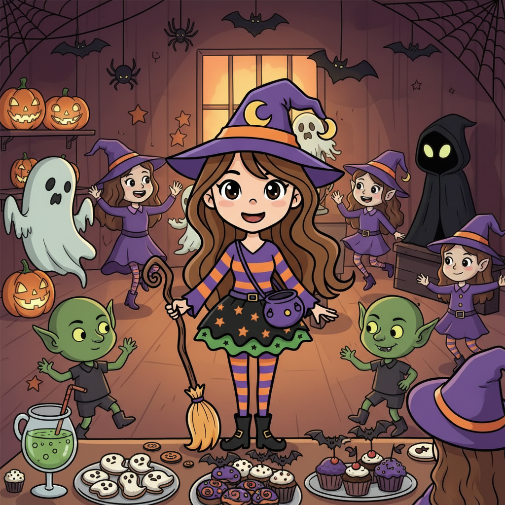 Inside, the party was in full swing! Ghouls, goblins, and witches danced and laughed. Silvia mingled, enjoying the festive atmosphere. She admired the decorations and delighted in the spooky treats. Then, she noticed a mysterious figure lurking in the shadows, its eyes gleaming strangely.
