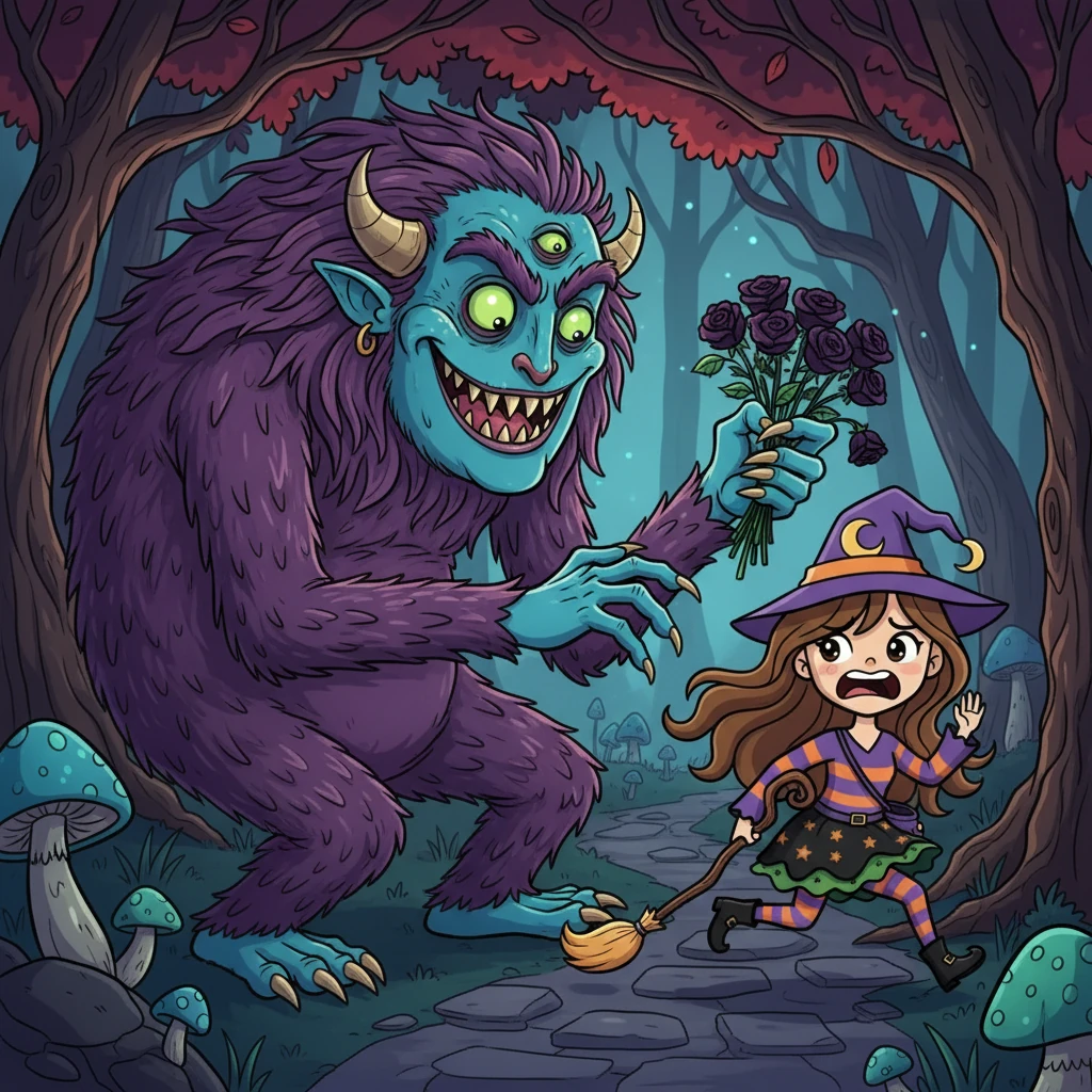 The figure approached Silvia, revealing a monstrous appearance. It began to flirt with her, but its advances were unnerving. Realizing the danger, Silvia knew she had to escape. Fear fueled her as she turned and ran from the monster's unwanted attention.