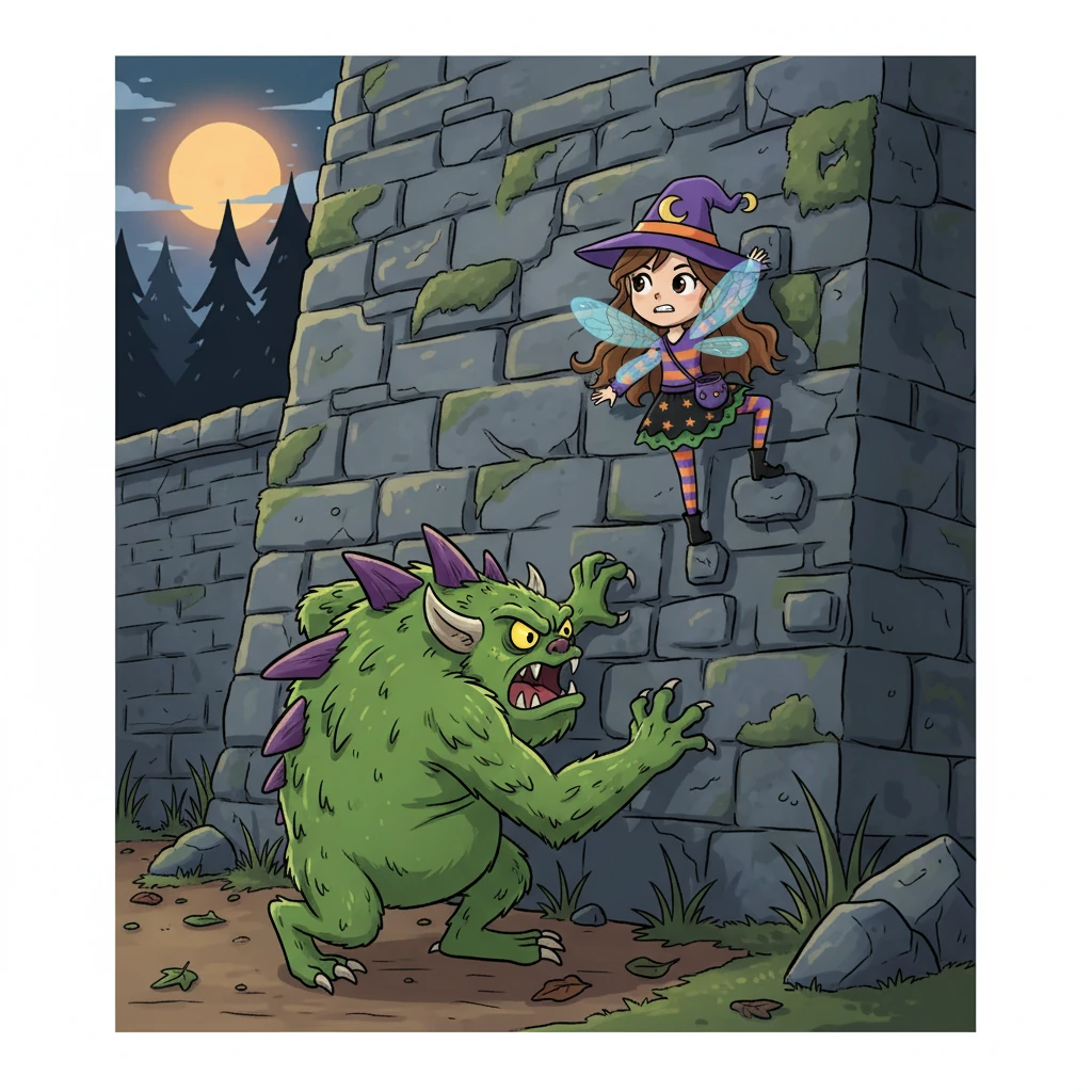 Silvia dashed towards the exit, but the monster gave chase. Finding herself near a tall wall, she made a daring decision. She began to climb, her fairy wings fluttering with determination. The monster, unable to climb, watched in frustration.