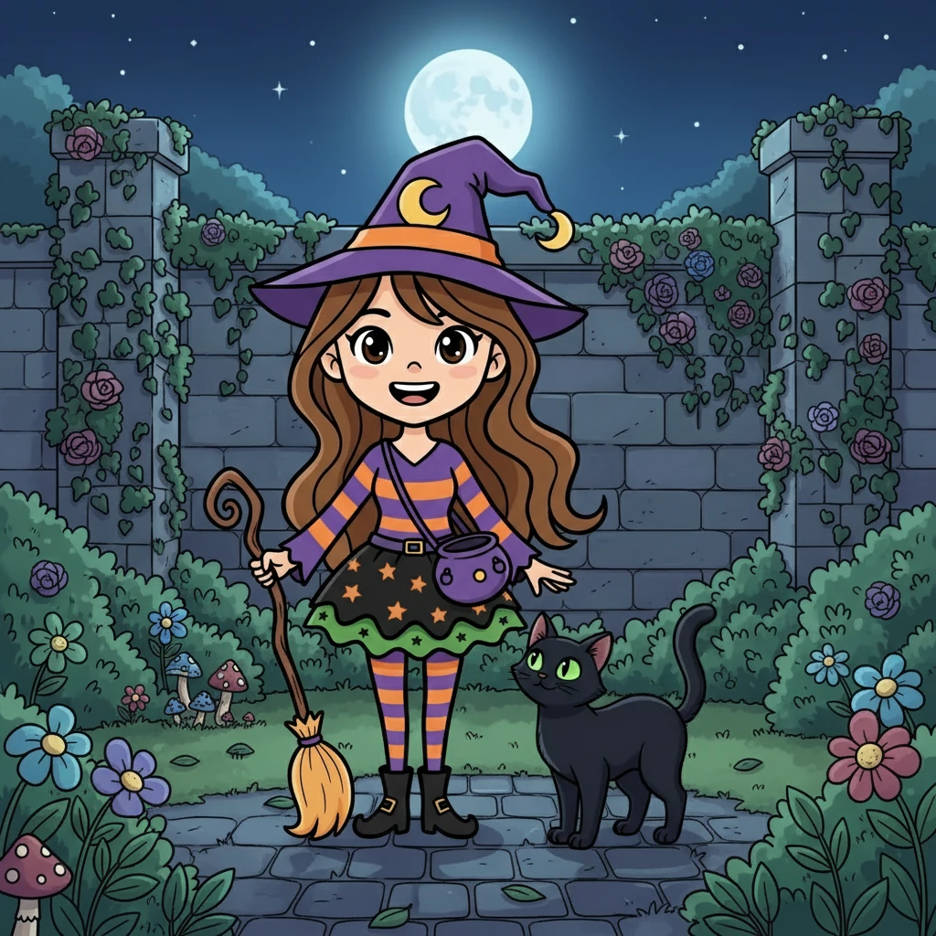On the other side of the wall, Silvia found herself in a quiet garden under the moonlight. There, she spotted a sleek, black cat with luminous green eyes. Seeing the cat's friendly gaze, Silvia knew she had found a companion. She decided to take the cat home.