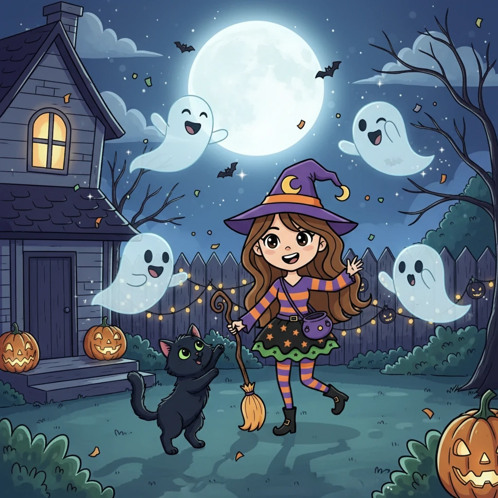 Back home, Silvia, her new feline friend, and some playful ghosts danced under the full moon. The Halloween night ended on a joyous note, proving that even the spookiest of nights can bring wonderful friendships and magical memories.