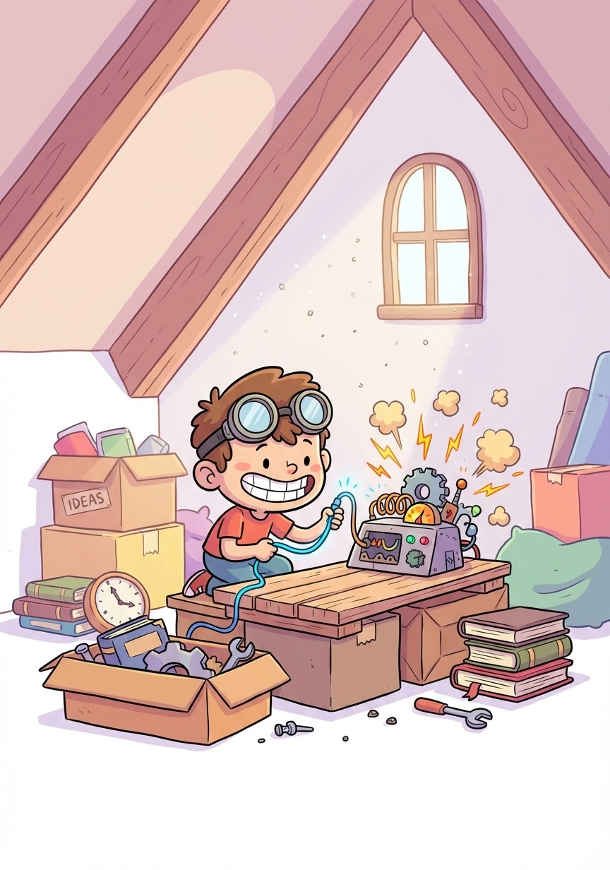 Timmy, a curious boy with goggles perched on his head, tinkered with a strange device in his attic. Sparks flew as he connected the final wire, a wide grin spreading across his face.