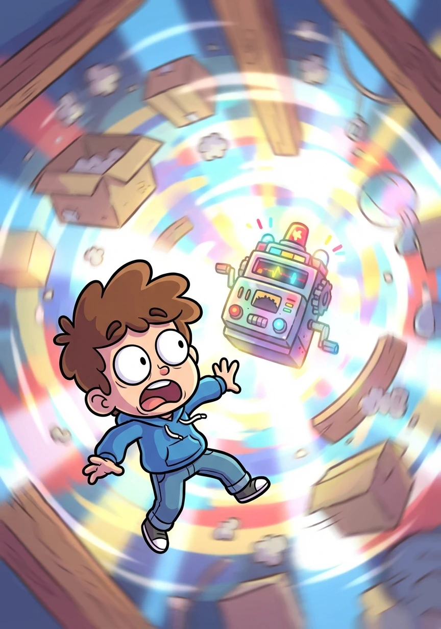 Suddenly, the device whirred to life, bathing the attic in a blinding light. Timmy gasped as the room spun, colors blurring into a dizzying kaleidoscope.