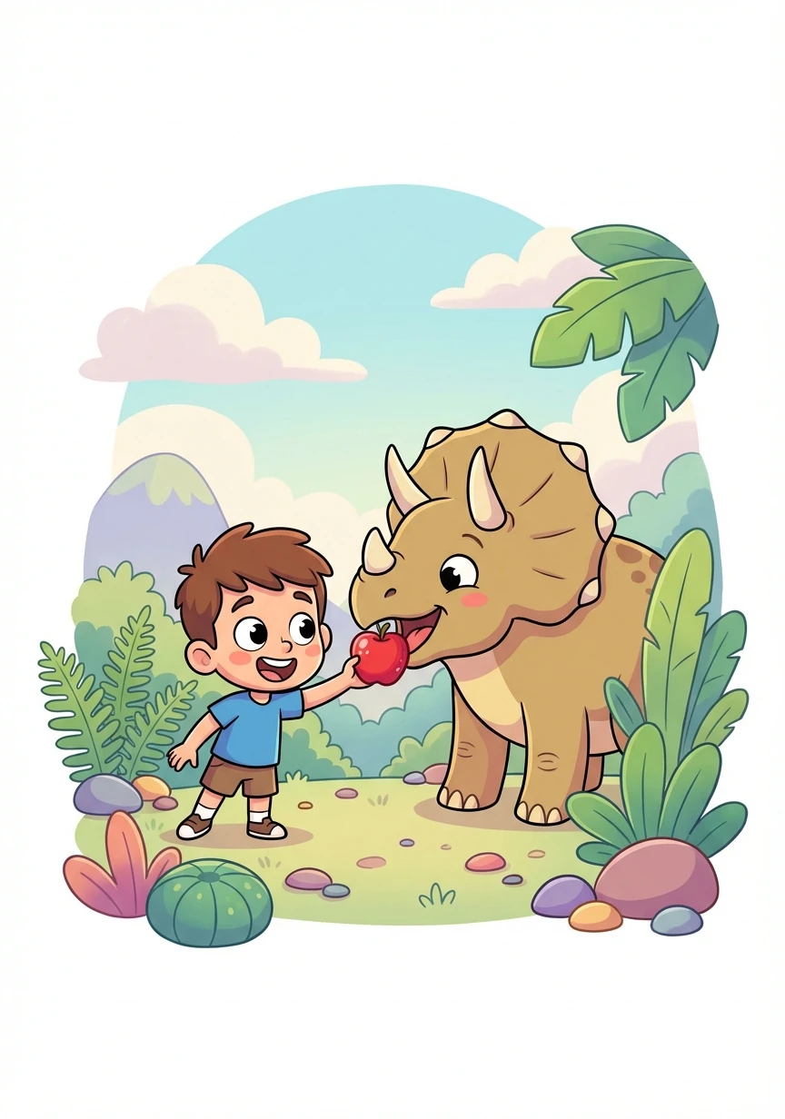 A friendly Triceratops lumbered into view, its large eyes blinking curiously at Timmy. He offered it a juicy apple he'd packed for lunch, and the Triceratops happily munched it down.