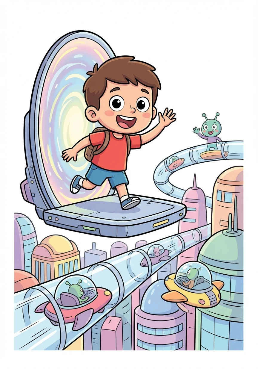 With a wave goodbye to his new friend, Timmy activated the device again. This time, he landed in a bustling city of the future, filled with flying cars and towering skyscrapers.