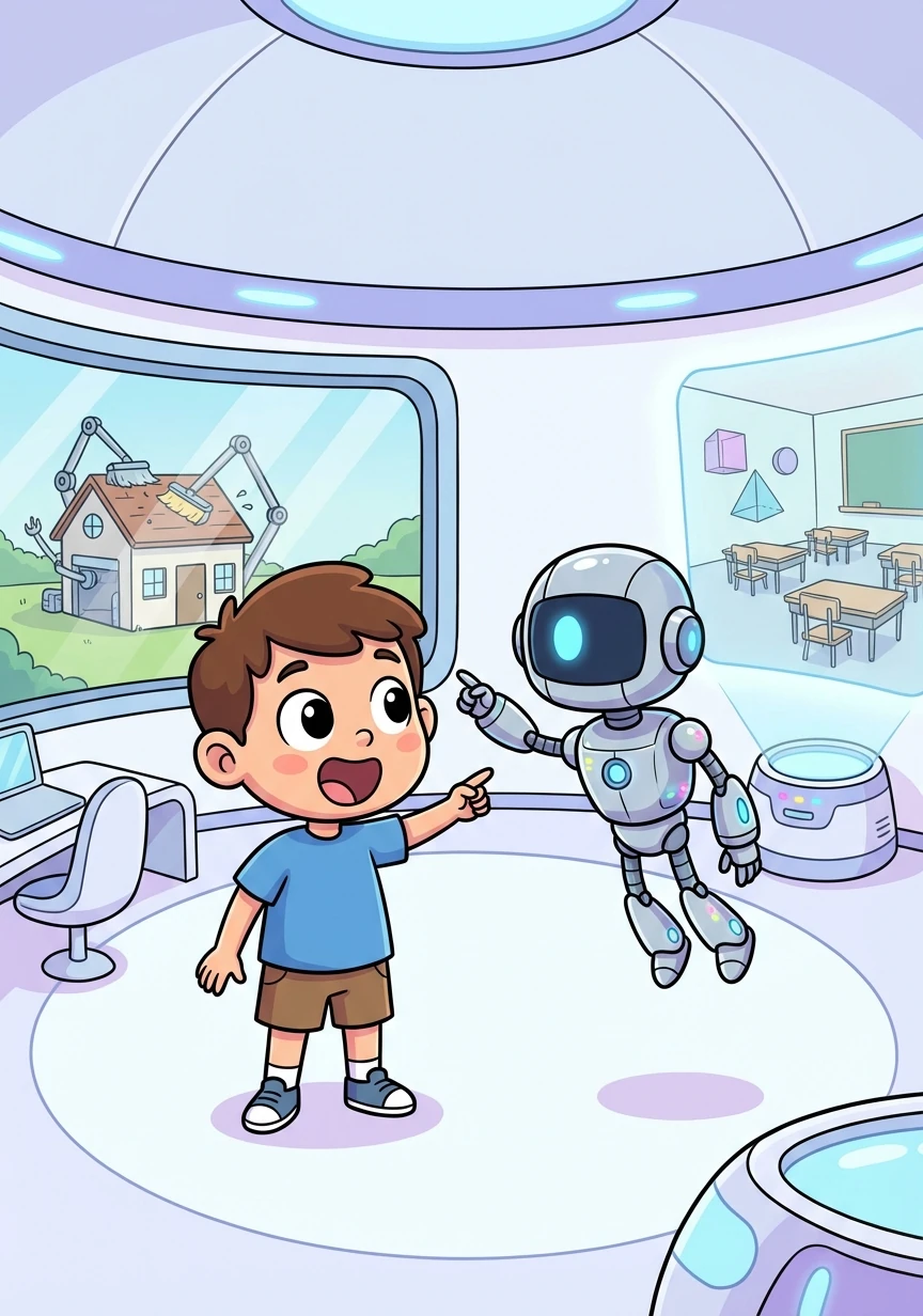 A sleek robot zoomed over to Timmy, its metallic voice offering assistance. It showed him the wonders of the future, from self-cleaning houses to holographic classrooms.