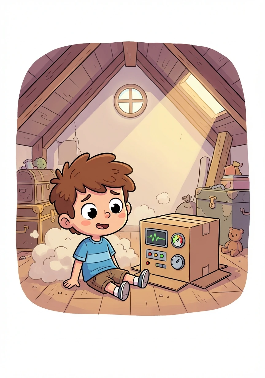 Feeling a little homesick, Timmy set the coordinates for his own time. He landed back in his attic with a thump, the time-traveling device now silent.