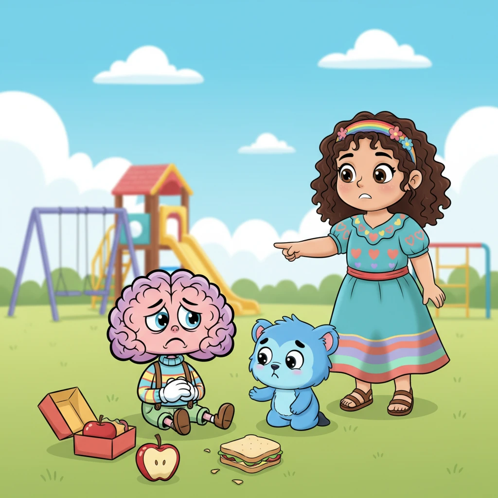 Un día soleado en el recreo, Clara jugaba animadamente con sus amigos cuando vio algo triste. Un pequeño amigo había tropezado y su almuerzo, una deliciosa manzana y un sándwich, había caído al suelo, desparramándose. La carita de su amigo mostró una gran desilusión.