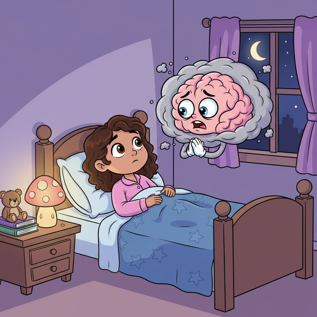 Esa noche, en la tranquilidad de su habitación, Clara estaba acostada, pero no podía dormir. De repente, el "Cerebro Preocupón" apareció, una nubecita de pensamientos grises con ojos saltones y cejas fruncidas. Comenzó a susurrarle dudas: "¿Y si hiciste algo mal? ¿Y si se enfadan contigo por preguntar?"