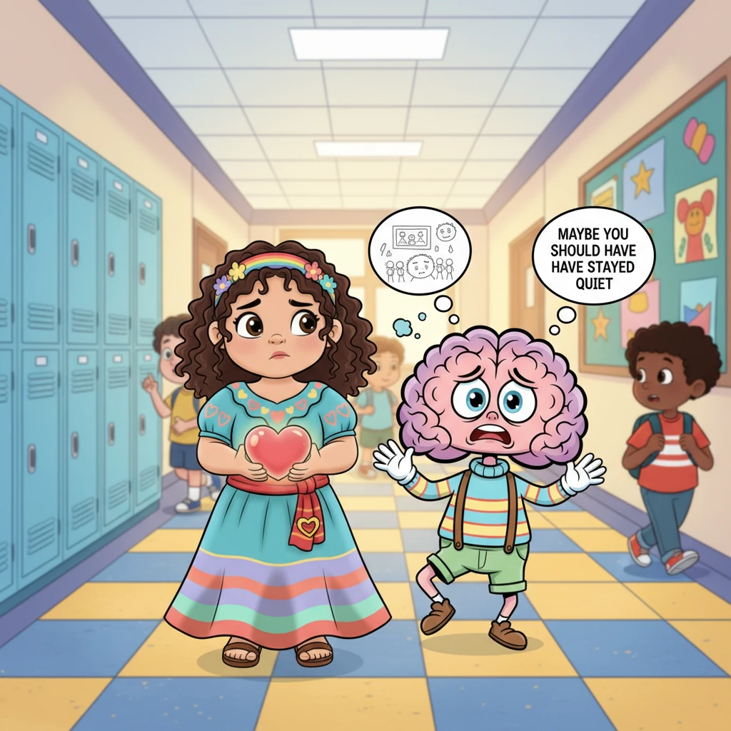 Al día siguiente, en la escuela, el Cerebro Preocupón volvió a aparecer, intentando llenarla de dudas con sus pequeños brazos agitados. Le recordaba el incidente del día anterior, intentando que Clara se sintiera mal de nuevo. Susurró: "Quizás deberías haberte quedado callada."