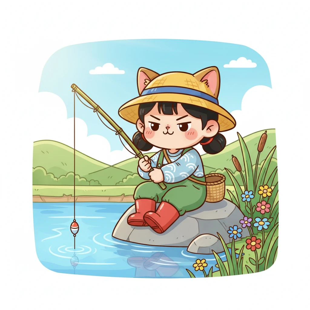 阳光明媚的早晨，小猫咪咪带着它的小鱼竿，兴高采烈地来到湖边。湖水清澈，微风习习，咪咪找了一个舒服的石头坐下，把鱼饵挂好，满怀期待地把鱼钩抛进了水里。它眯着眼睛，耳朵机警地竖着，等待着第一条鱼儿上钩。