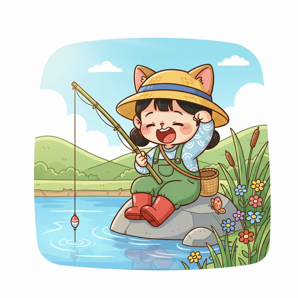 时间一分一秒过去，咪咪的鱼漂却纹丝不动。它开始有些不耐烦了，一会儿抓抓耳朵，一会儿挠挠鼻子，还时不时地打个小哈欠。它看到旁边有只蝴蝶在花丛中翩翩起舞，忍不住分了心，眼睛跟着蝴蝶飞走了。