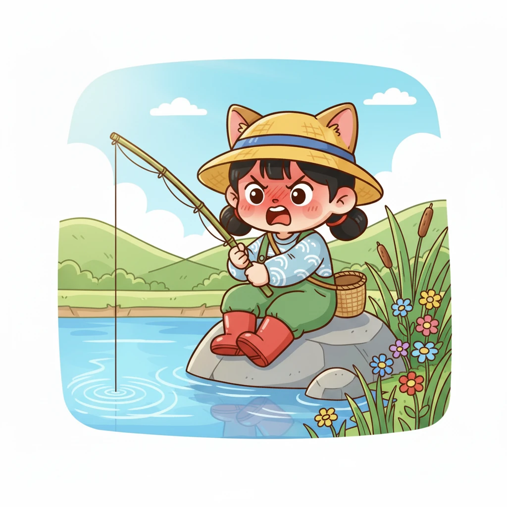 就在咪咪快要睡着的时候，鱼竿突然猛地一沉！咪咪吓了一跳，赶紧回过神来，用尽全身的力气往上拉。它的小爪子紧紧握着鱼竿，小脸蛋涨得通红，心里充满了紧张又兴奋的感觉。