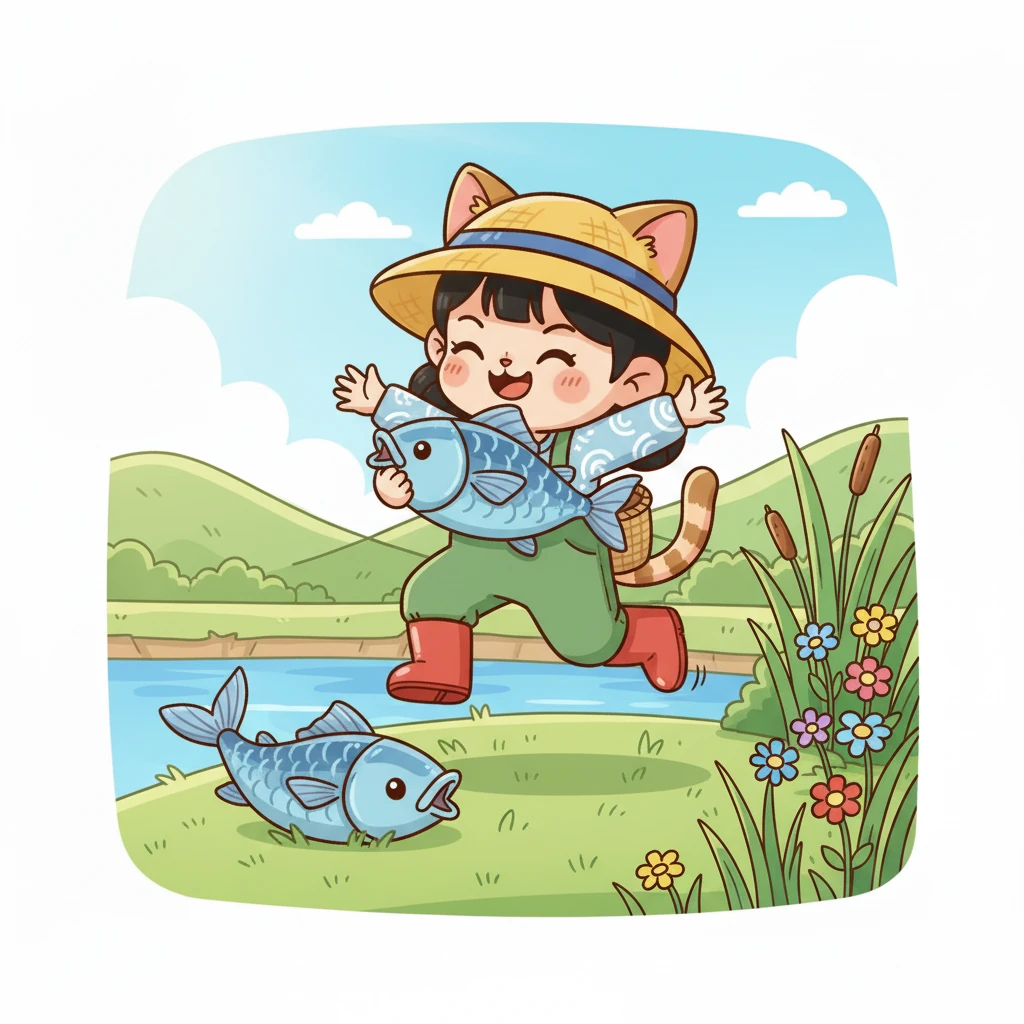 经过一番努力，咪咪终于把一条活蹦乱跳的大鱼拉上了岸！它高兴地跳了起来，围着大鱼又蹦又叫，尾巴摇得像个小风车。咪咪抱着这条沉甸甸的鱼，心里充满了成就感，它知道，耐心和坚持最终会带来最棒的收获！