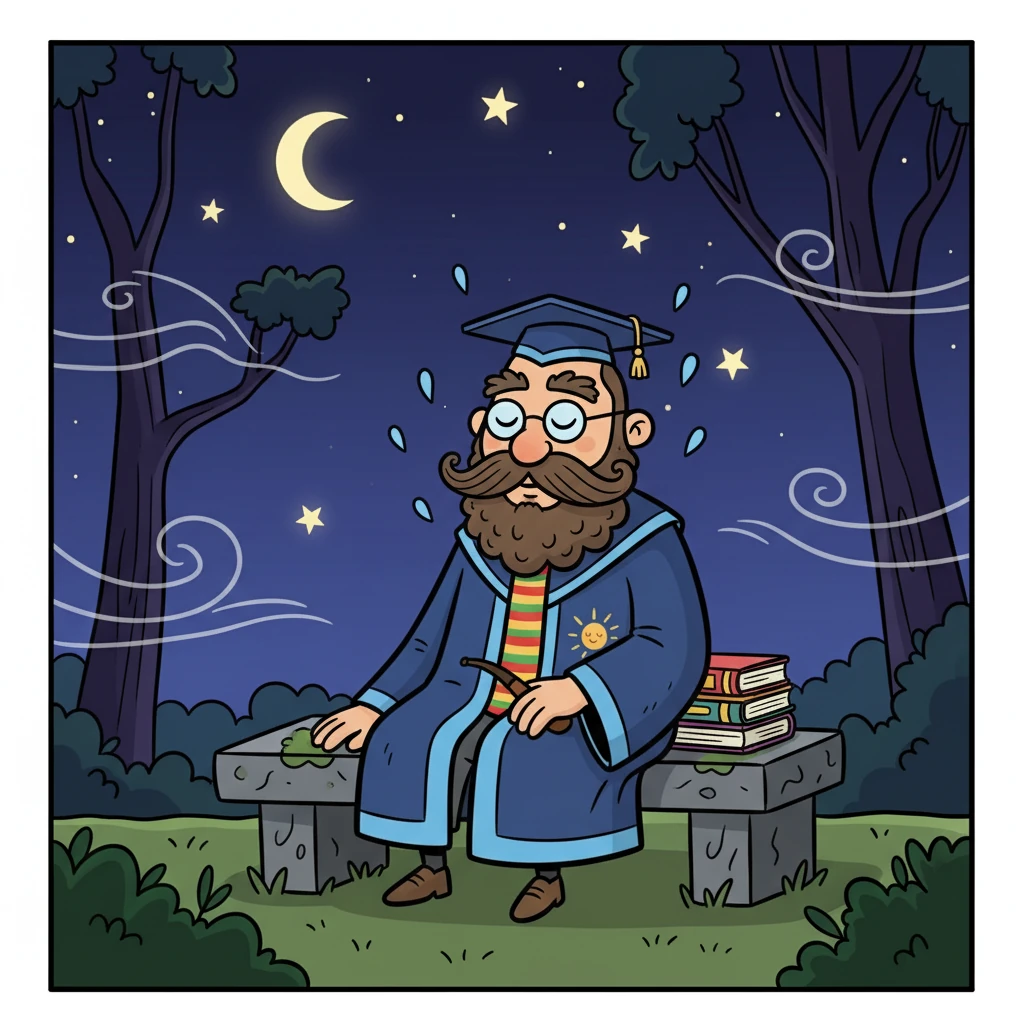 El Filósofo se sienta en silencio, rodeado por la noche y sus pensamientos. El viento susurra secretos, llevándose consigo el eco de sus lamentos.