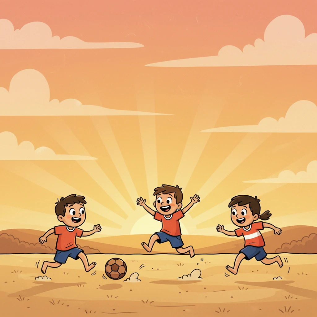 Al amanecer, los primeros rayos de sol tiñen el cielo de colores cálidos. Ve a unos niños jugando fútbol descalzos en un campo polvoriento. Sus risas llenan el aire de alegría.